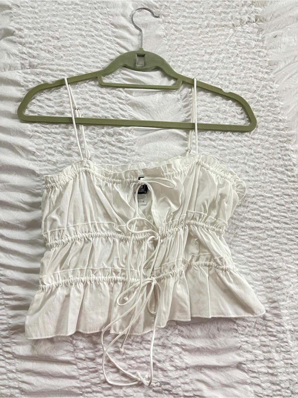 White Smocked Tie-Front Cami with Ruffle Hem